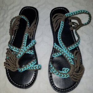 Boho braided blue brown flat sandals sz 10